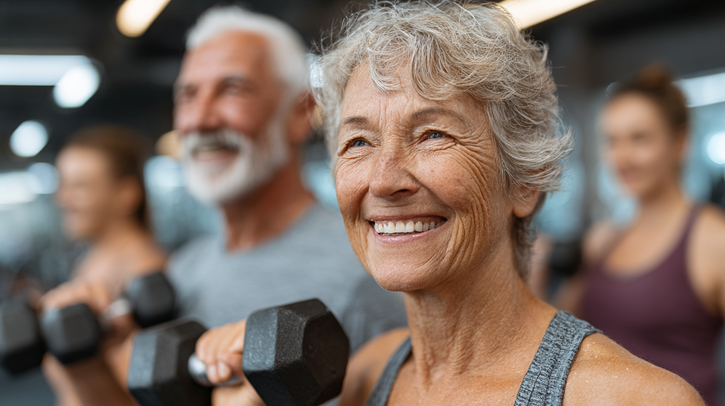 Група людей зрілого віку займається фітнесом у світлому залі